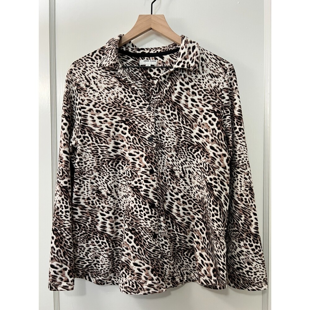 Anne Klein Animal Print Button Up Long Sleeve Shirt Top - Women's M